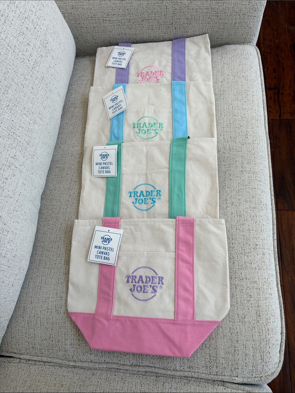 Trader Joe's Mini Pastel Canvas Tote Bag Set - Pink, Teal, Purple, Green